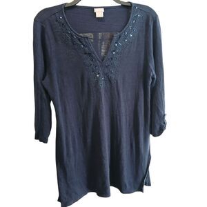 Chico’s Tunic Top Navy Blue 100% Linen Roll Tab Sleeve Sz 0 Small Sequins Boho